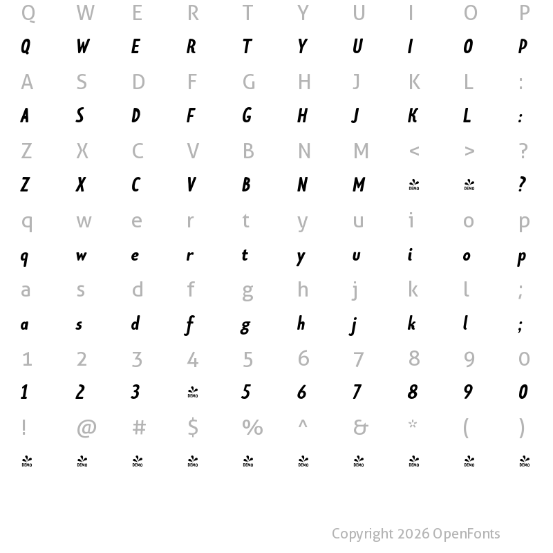 Character Map of FONTSPRING DEMO - Limes Sans Bold Italic