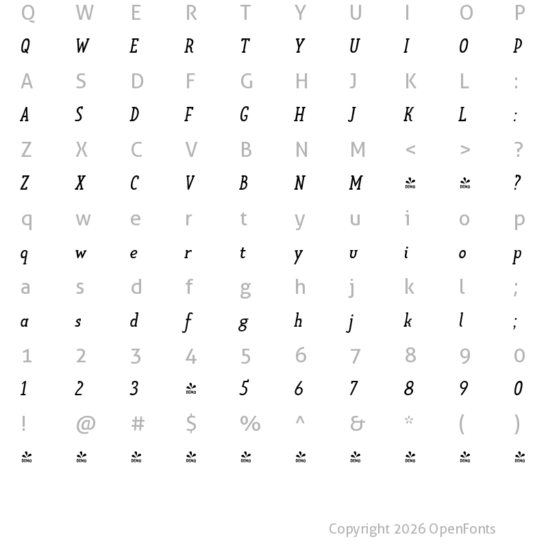 Character Map of FONTSPRING DEMO - Limes Slab Italic