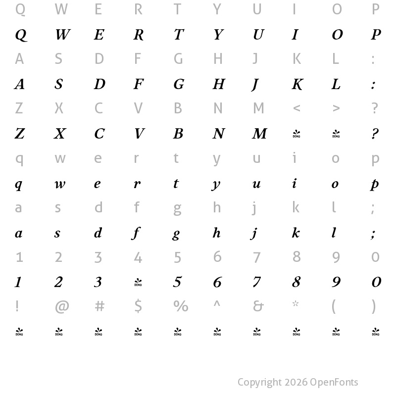 Character Map of FONTSPRING DEMO - Liminal Medium Italic