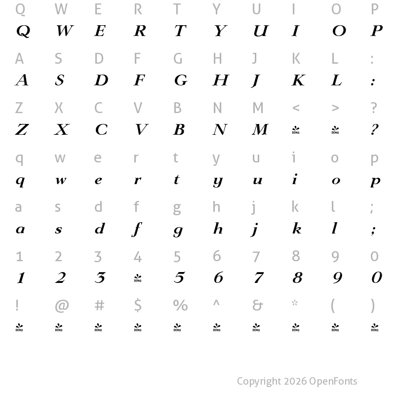 Character Map of FONTSPRING DEMO - Lingwood Serial Bold Italic