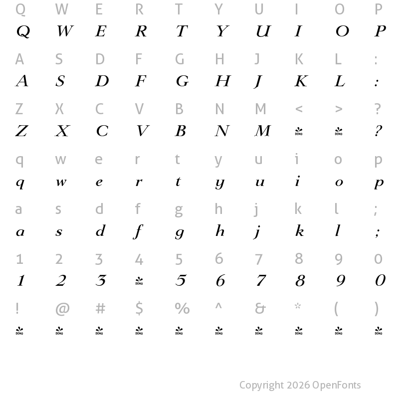 Character Map of FONTSPRING DEMO - Lingwood Serial Medium Italic