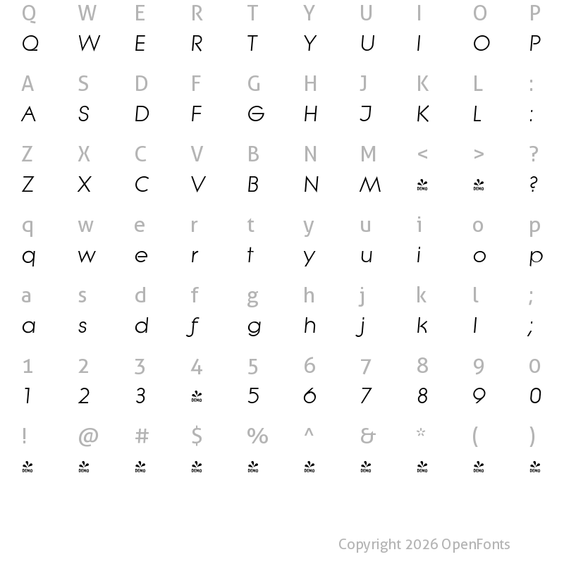 Character Map of FONTSPRING DEMO - Litera Serial Italic