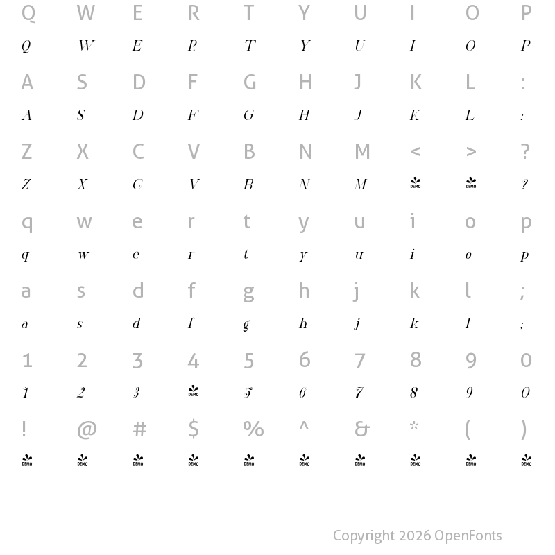 Character Map of FONTSPRING DEMO - Loadkew Italic