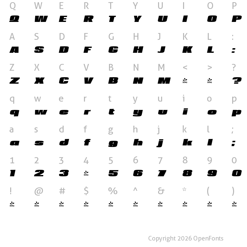 Character Map of FONTSPRING DEMO - Loft Std Extra Bold Italic