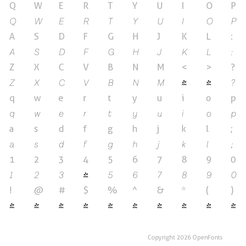 Character Map of FONTSPRING DEMO - Lota Grotesque Alt 2 Thin It Regular
