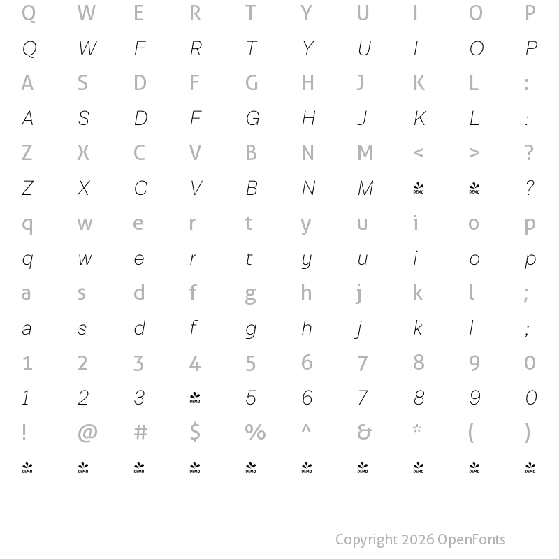 Character Map of FONTSPRING DEMO - Lota Grotesque Alt 3 ExLight It Regular