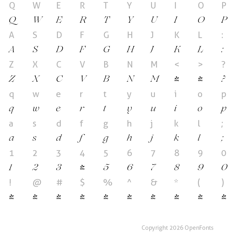 Character Map of FONTSPRING DEMO - Lovelace Light Italic