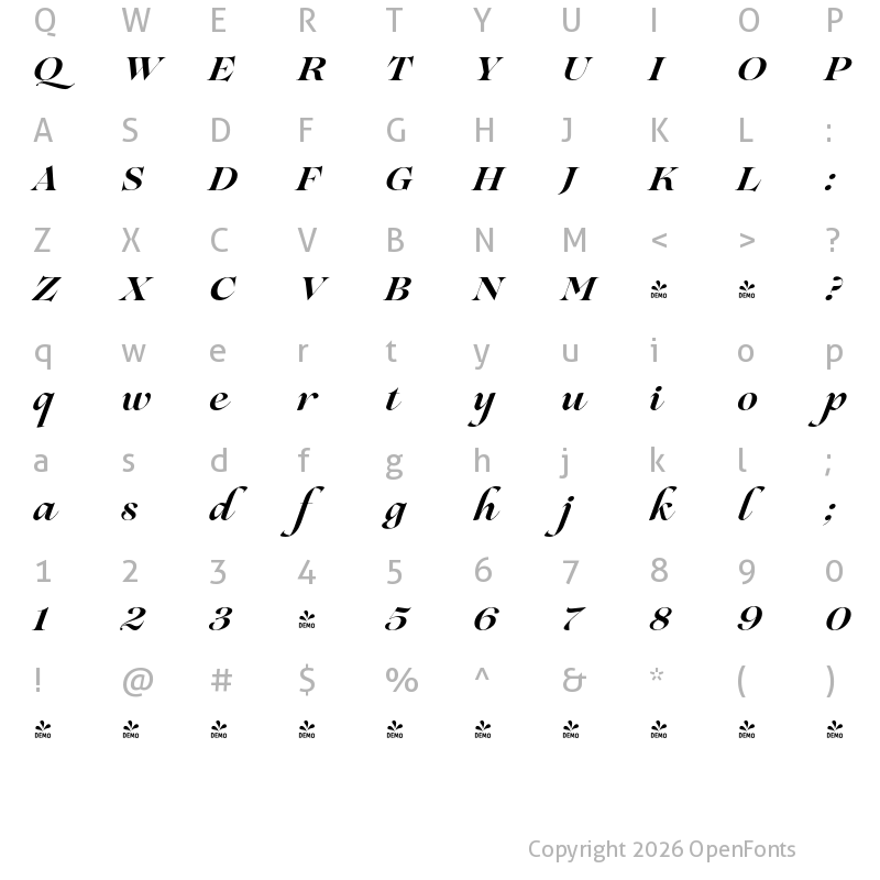 Character Map of FONTSPRING DEMO - Lovelace Script Bold