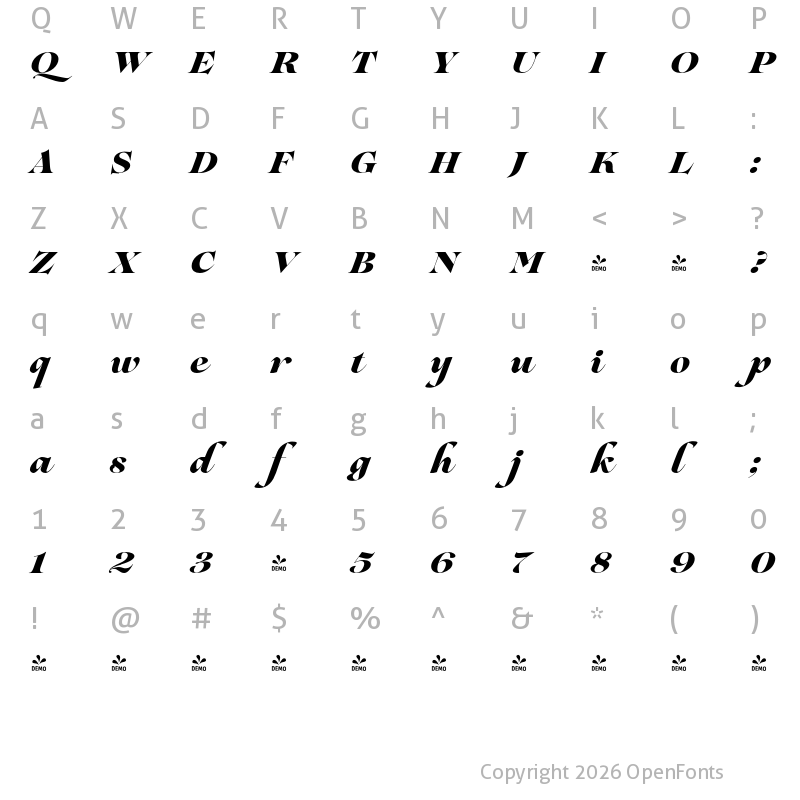 Character Map of FONTSPRING DEMO - Lovelace Script Extrabold Regular