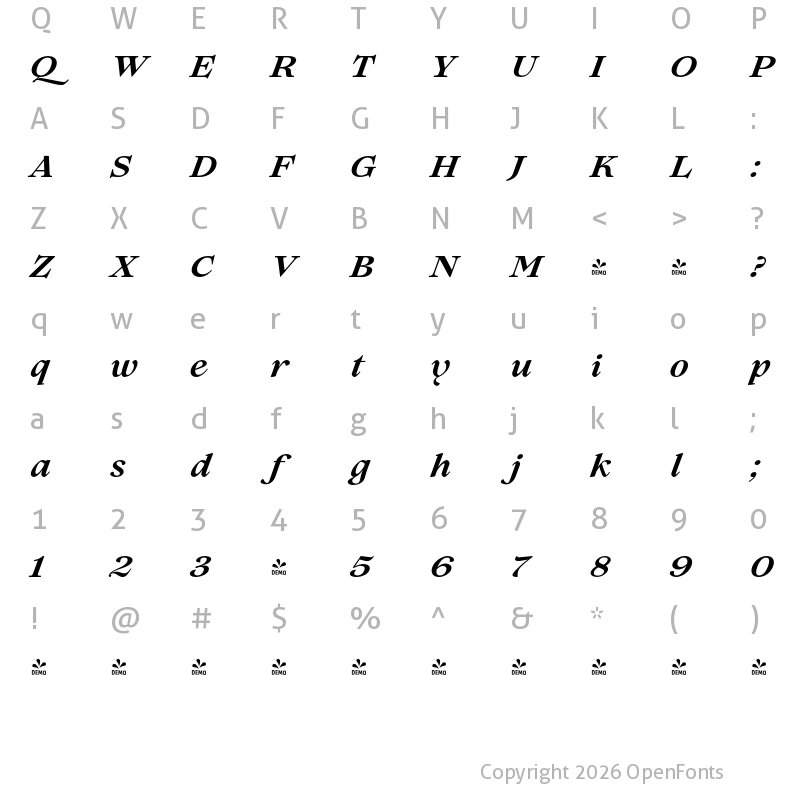 Character Map of FONTSPRING DEMO - Lovelace Text Bold Italic