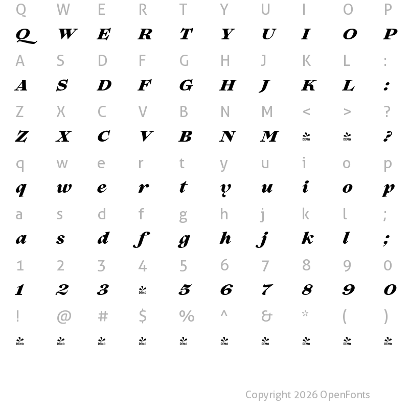 Character Map of FONTSPRING DEMO - Lovelace Text Extrabold Italic