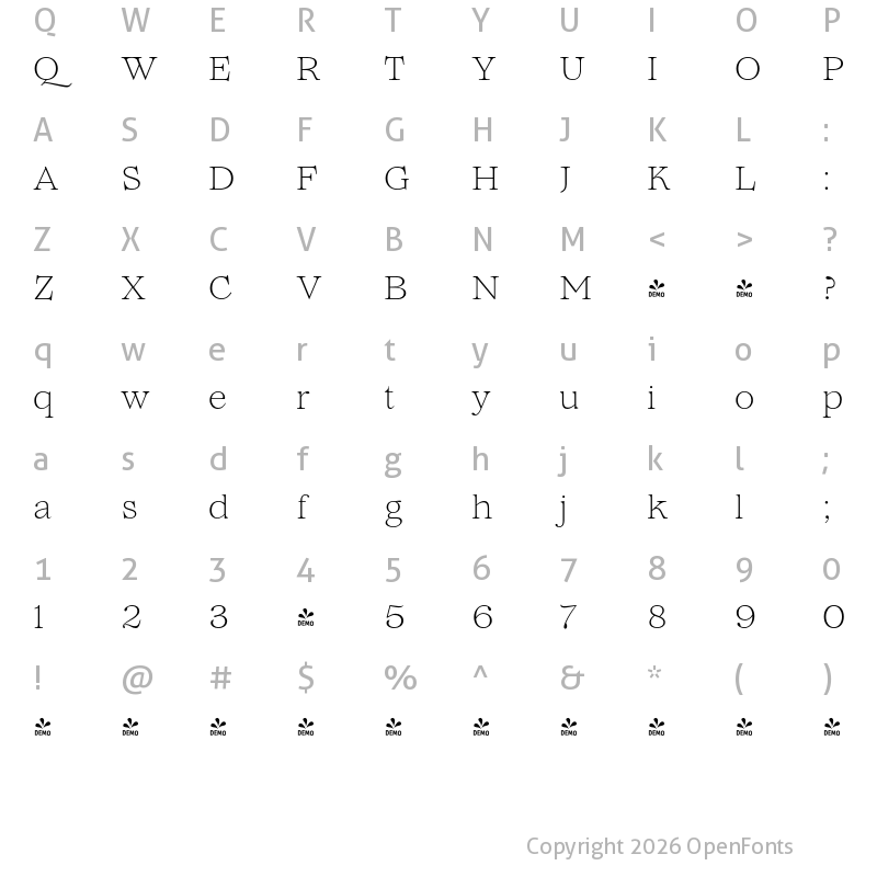 Character Map of FONTSPRING DEMO - Lovelace Text Extralight Regular