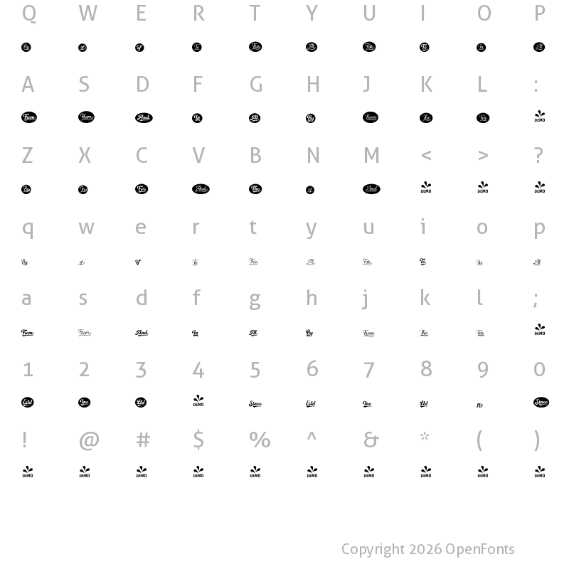 Character Map of FONTSPRING DEMO - LS Harsey Catchwords Script Regular