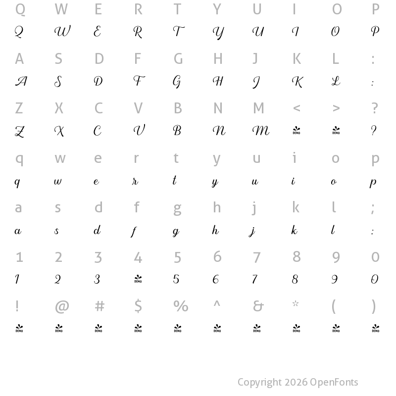 Character Map of FONTSPRING DEMO - LS Harsey Script Regular