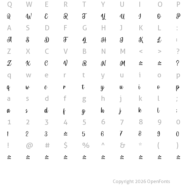 Character Map of FONTSPRING DEMO - LS Olive 01 Script 01 Script