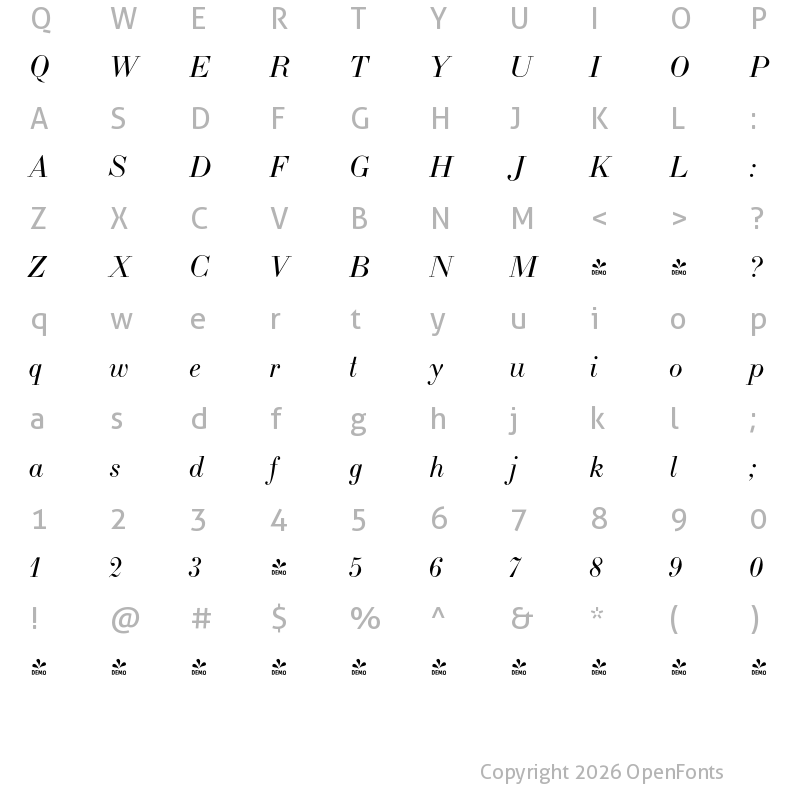 Character Map of FONTSPRING DEMO - LTC Bodoni 175 Italic