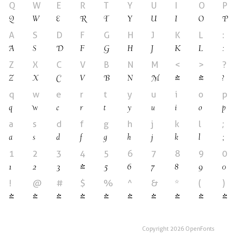 Character Map of FONTSPRING DEMO - LTC Californian Display Swsh Italic