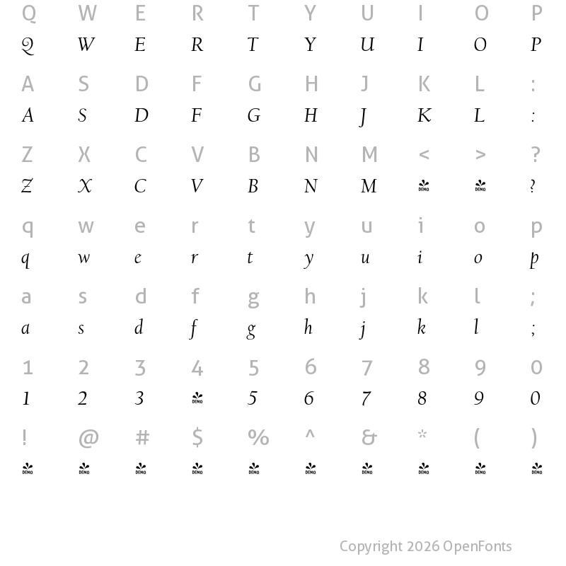 Character Map of FONTSPRING DEMO - LTC Californian Text Italic