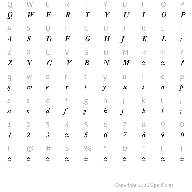 Character Map of FONTSPRING DEMO - LTC Caslon Bold Italic