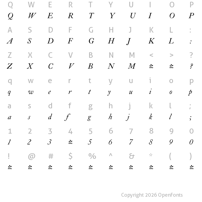 Character Map of FONTSPRING DEMO - LTC Caslon Italic