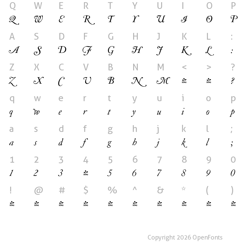 Character Map of FONTSPRING DEMO - LTC Caslon Long Swash Regular