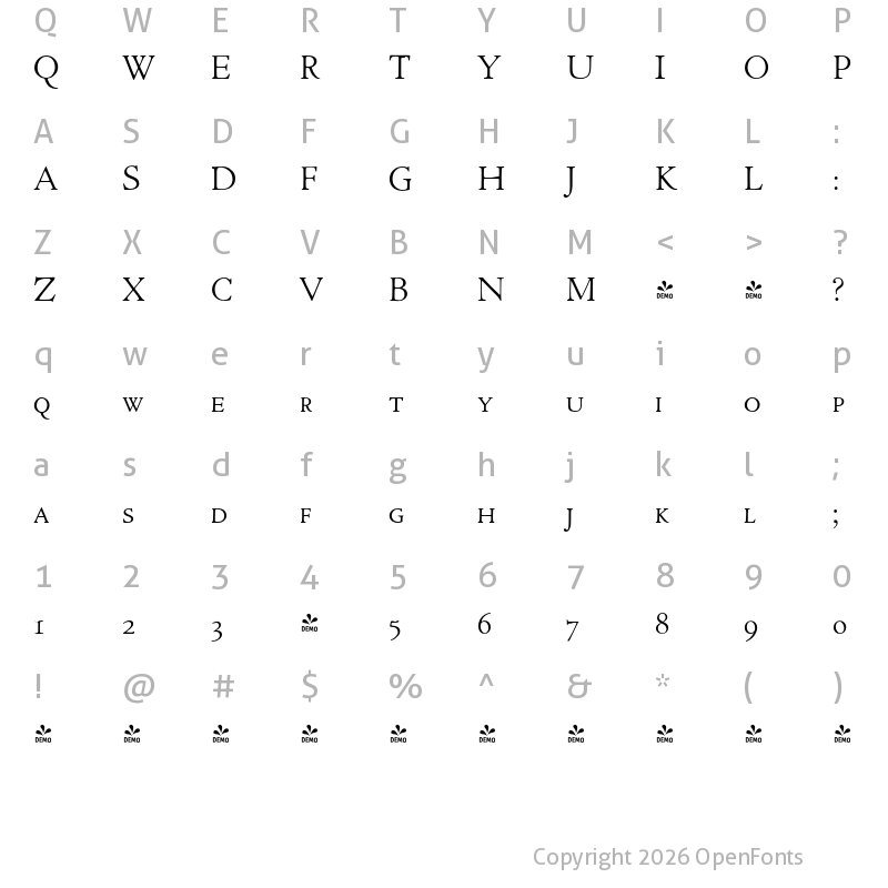 Character Map of FONTSPRING DEMO - LTC Cloister Light SC Regular