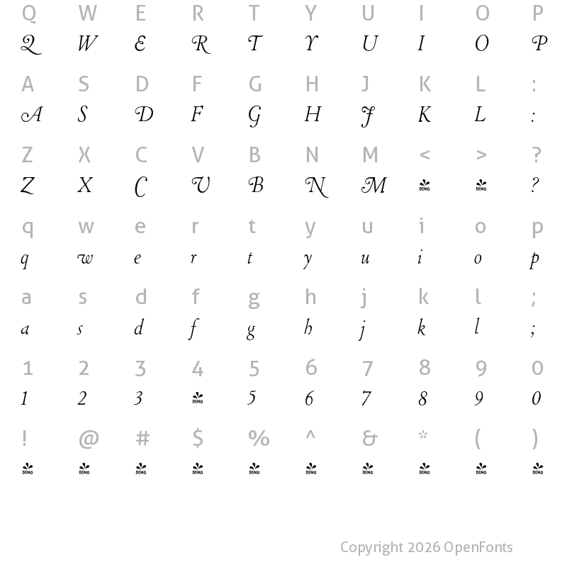 Character Map of FONTSPRING DEMO - LTC Cloister Light Swash Regular