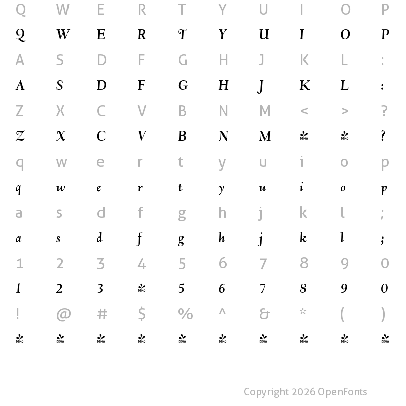 Character Map of FONTSPRING DEMO - LTC Deepdene Bold Italic