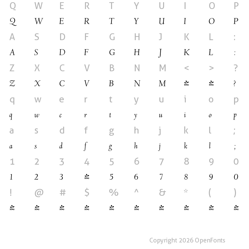 Character Map of FONTSPRING DEMO - LTC Deepdene Italic