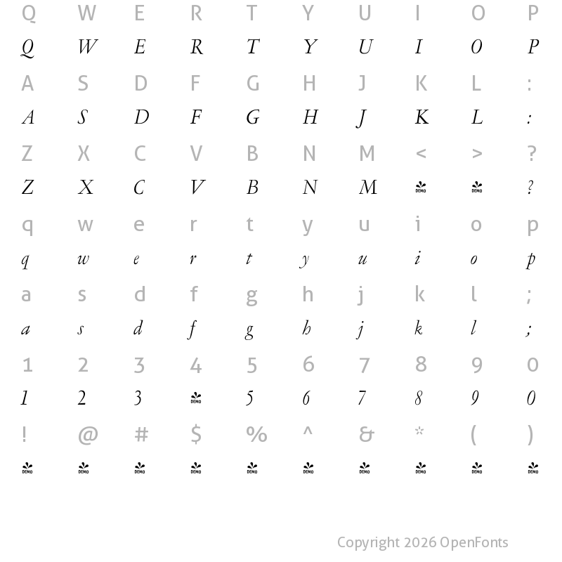 Character Map of FONTSPRING DEMO - LTC Garamont Display Pro Italic