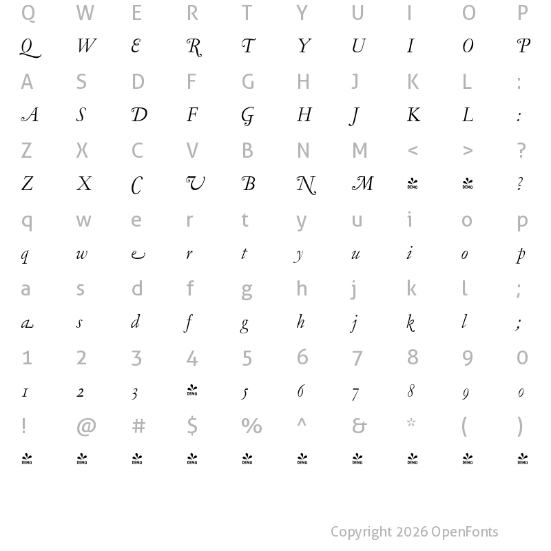 Character Map of FONTSPRING DEMO - LTC Garamont Display Swash Italic