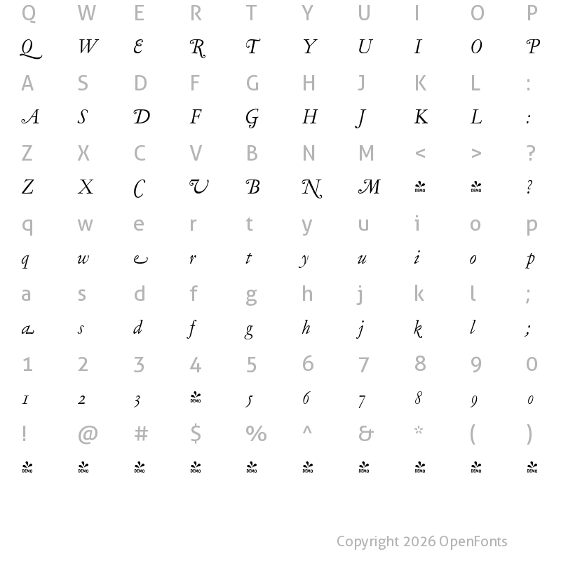 Character Map of FONTSPRING DEMO - LTC Garamont Text Swash Italic