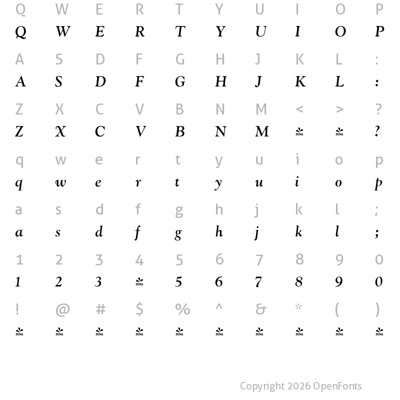 Character Map of FONTSPRING DEMO - LTC Goudy Oldstyle Bold Italic