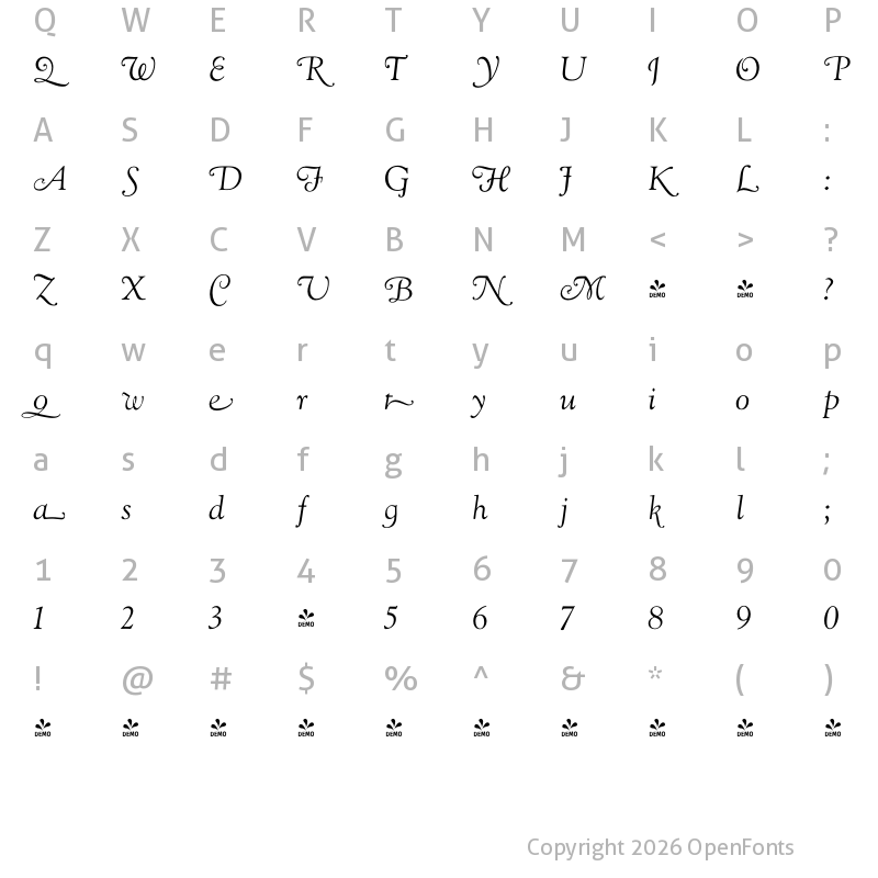 Character Map of FONTSPRING DEMO - LTC Goudy Oldstyle Cursive Regular