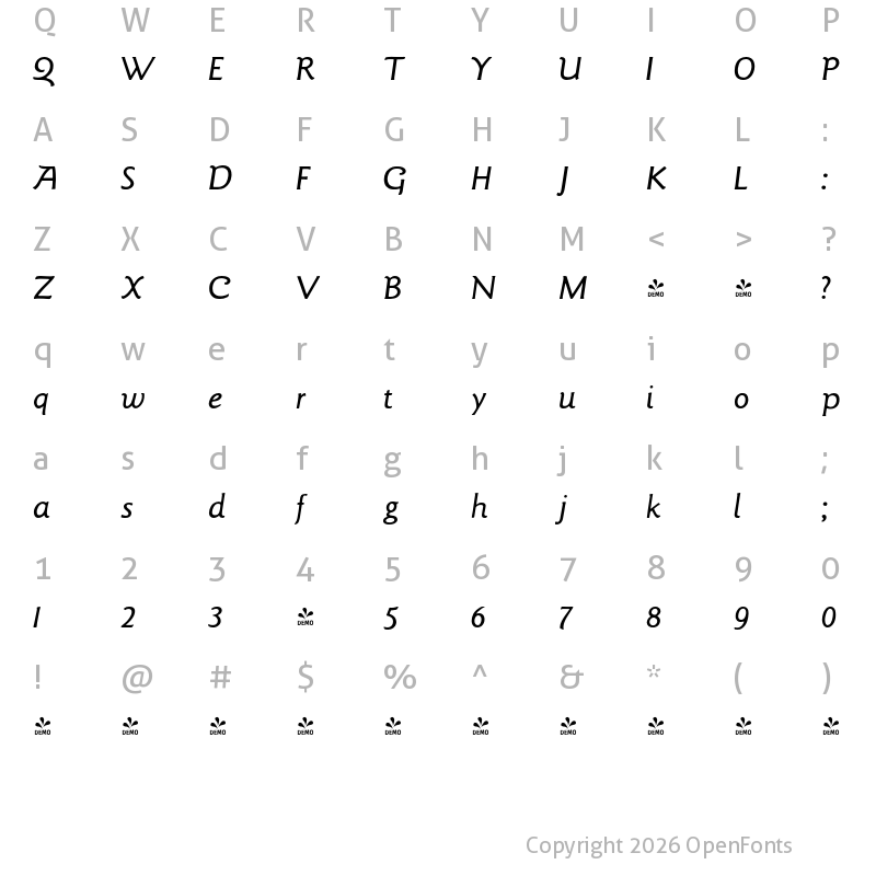Character Map of FONTSPRING DEMO - LTC Goudy Sans Italic