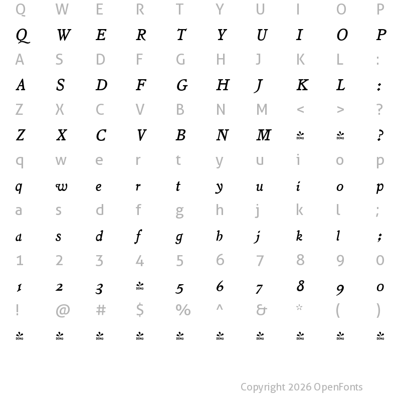 Character Map of FONTSPRING DEMO - LTC Jenson Alternate Italic