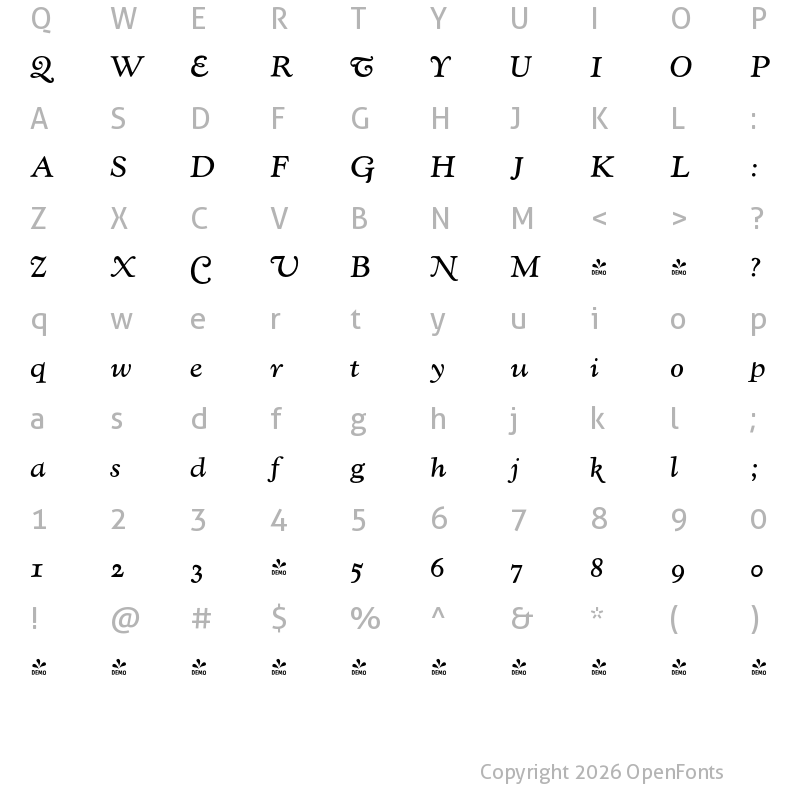 Character Map of FONTSPRING DEMO - LTC Kennerley Swash Bold