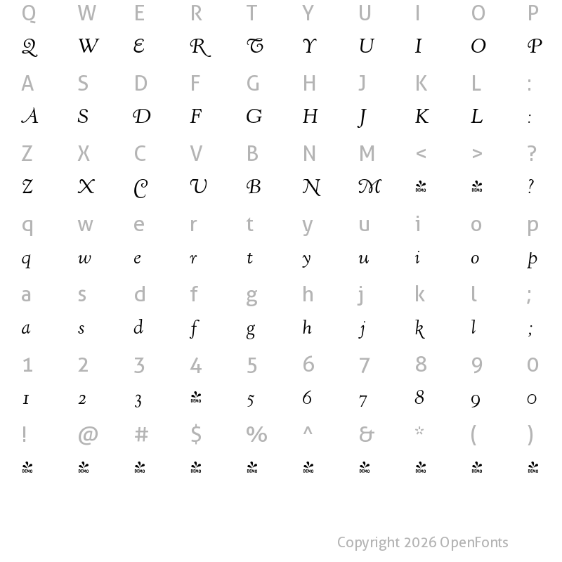 Character Map of FONTSPRING DEMO - LTC Kennerley Swash Regular