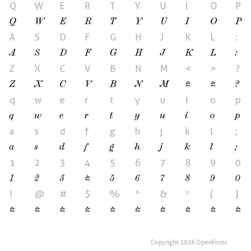 Character Map of FONTSPRING DEMO - LTC Law Italic Regular