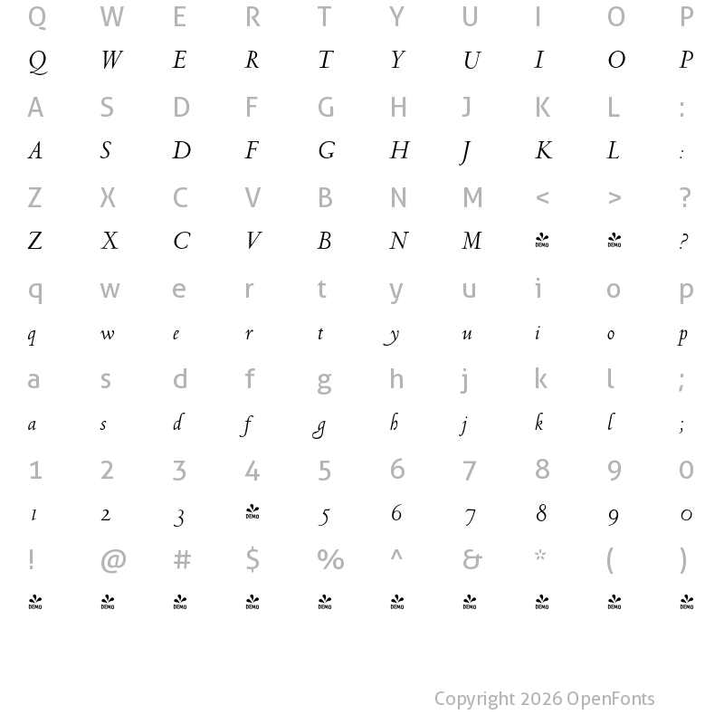 Character Map of FONTSPRING DEMO - LTC Metropolitan Italic Alt