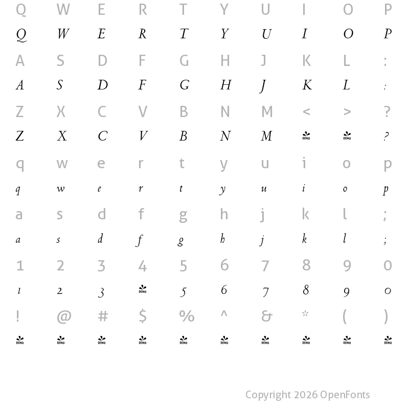 Character Map of FONTSPRING DEMO - LTC Metropolitan Italic