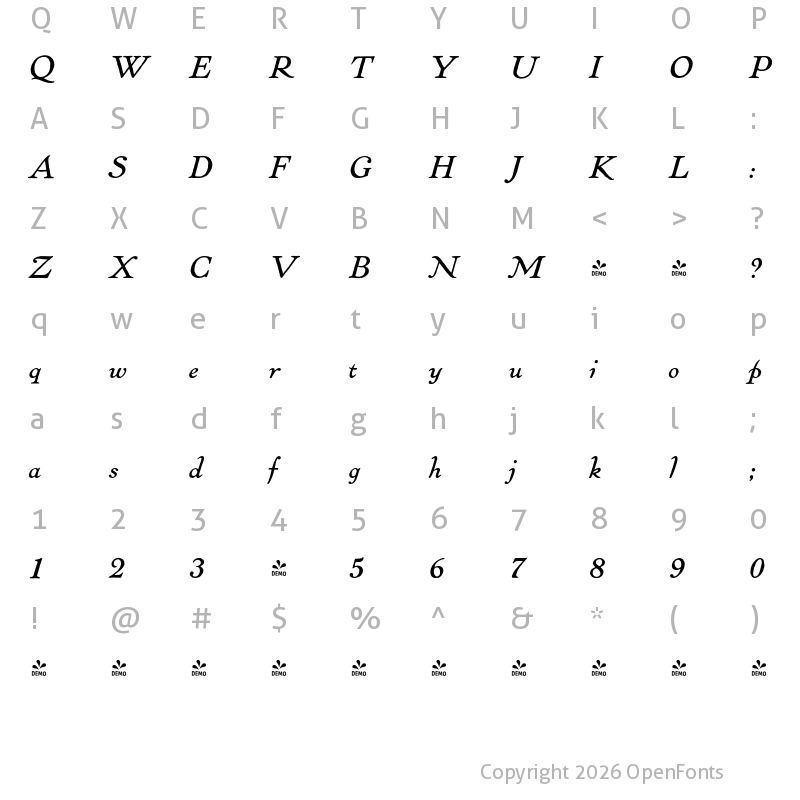 Character Map of FONTSPRING DEMO - LTC Pabst Oldstyle Italic