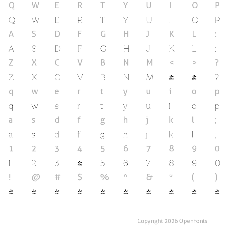 Character Map of FONTSPRING DEMO - Ltt Recoleta Thin Regular