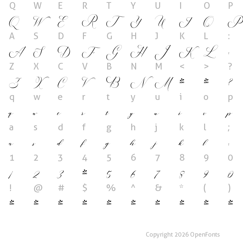 Character Map of FONTSPRING DEMO - Lucinda Script Regular