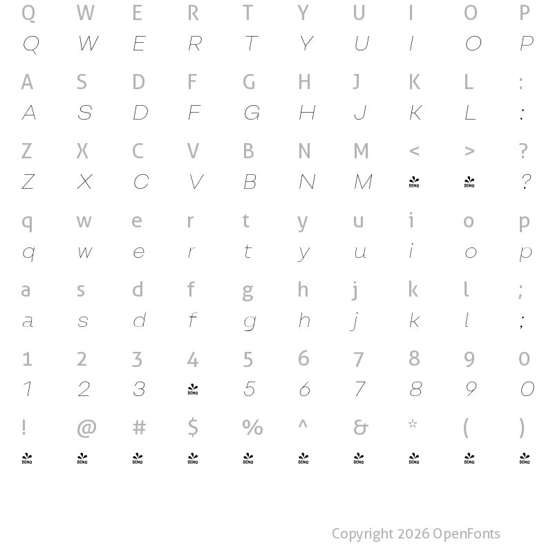 Character Map of FONTSPRING DEMO - Lupio Thin Italic