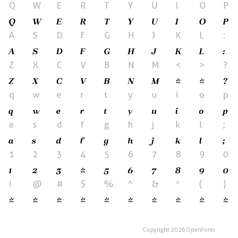 Character Map of FONTSPRING DEMO - Macaw Bold Italic