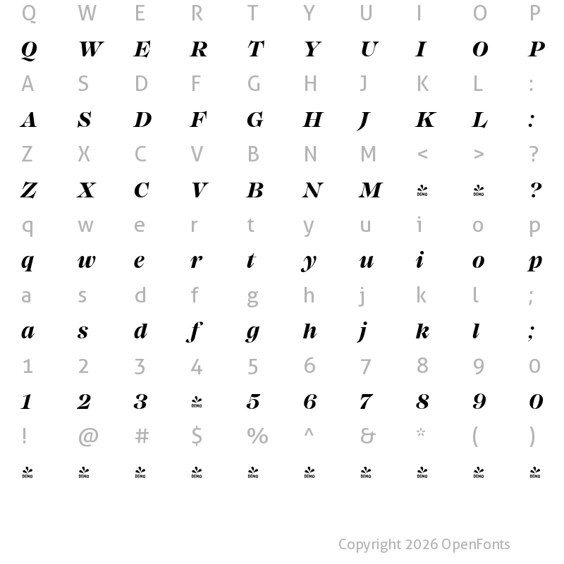 Character Map of FONTSPRING DEMO - Mackay Bold Italic