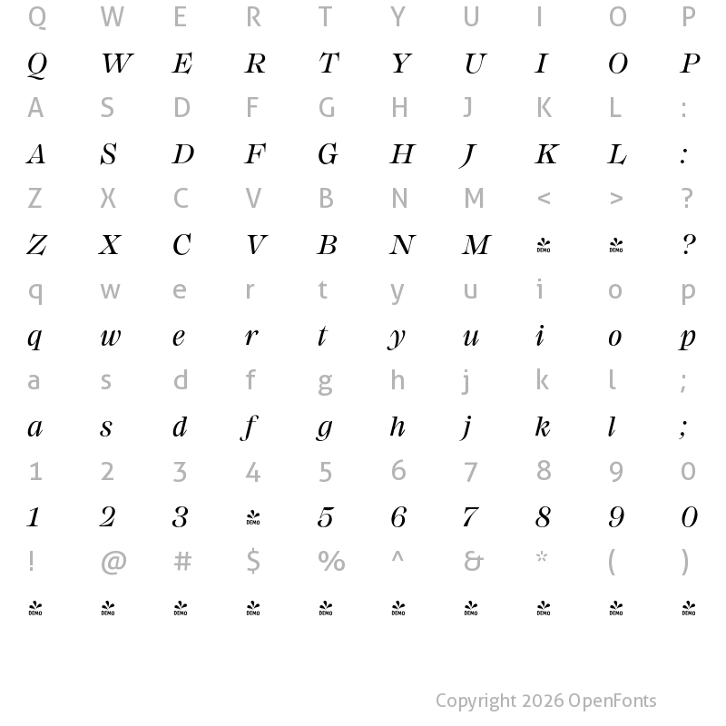 Character Map of FONTSPRING DEMO - Mackay Italic