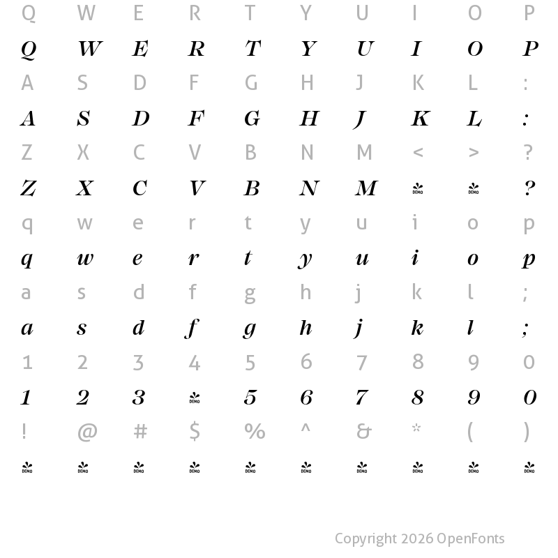 Character Map of FONTSPRING DEMO - Mackay Medium Italic