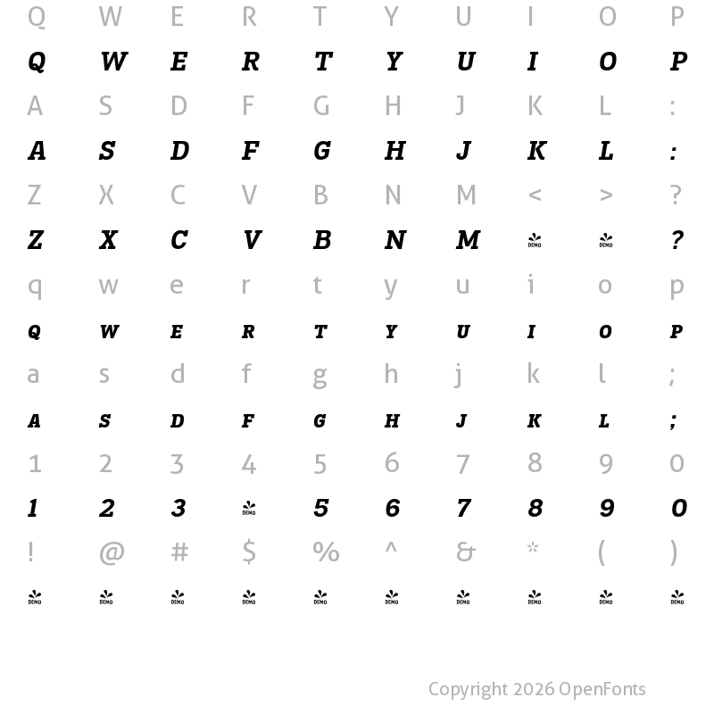 Character Map of FONTSPRING DEMO - Madawaska Sc Hv Italic